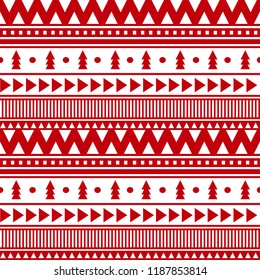 Hand drawn Christmas seamless vector pattern. Winter ornament for wrapping paper and fabric with Cristmas trees, hearts, snowflakes in red and white colors.