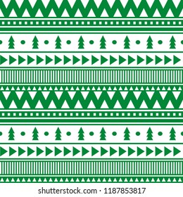 Hand drawn Christmas seamless vector pattern. Winter ornament for wrapping paper and fabric with Cristmas trees, hearts, snowflakes in red and white colors.
