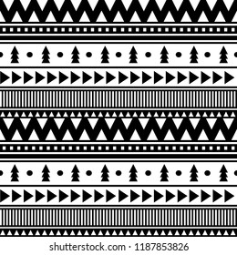 Hand drawn Christmas seamless vector pattern. Winter ornament for wrapping paper and fabric with Cristmas trees, hearts, snowflakes in red and white colors.