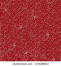 Hand drawn Christmas seamless vector pattern. Winter red and white ornament for wrapping paper and fabric with Christmas holly berries and snow polka dot.