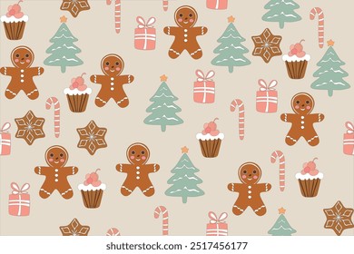 Hand Drawn Christmas Seamless Vector Pattern. Cute Christmas Elements On creamy Background. Simple Style Design Ideal For Textile, Wallpaper, Fabric Prints Or Wrapping Paper, American