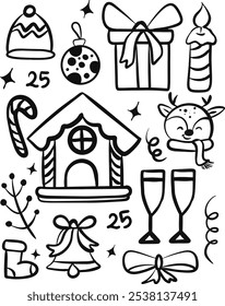 Hand drawn christmas season background, Christmas Elements Vector Line Drawing Set Isolated On A White Background