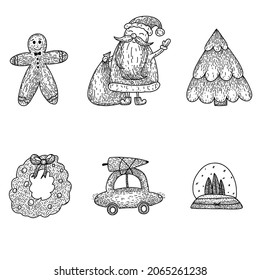 Hand drawn Christmas set in cartoon doodle style. Linear Santa, car with Christmas tree, wreath, gingerbread, snow globe