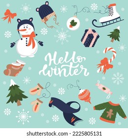 Hand drawn Christmas set in cartoon style, funny card with cute elements, snowman and snowflakes, vector illustration in flat style