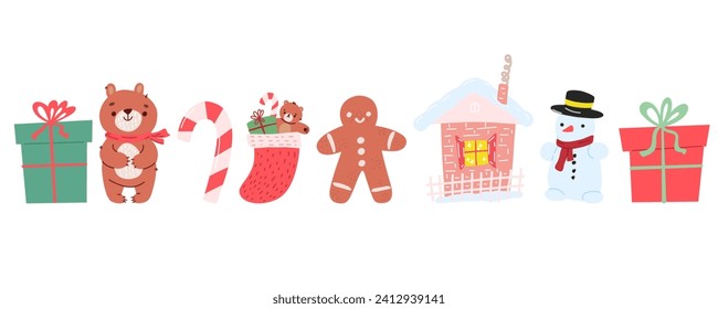 Hand drawn Christmas set. Cartoon gift, bear, gingerbread man, house, santa sock, snowman, caramel cane. New Year's decorative elements. Stock vector illustration isolated on a white background.