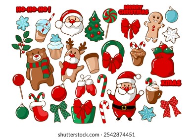 hand drawn christmas set with cartoon elements of santa, bear and different sweets for your design	