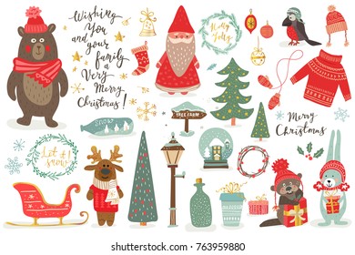 Hand drawn Christmas set in cartoon style. Funny card with cute animals and other elements: bear, deer, rabit, santa, Christmas tree, lettering. Vector illustration