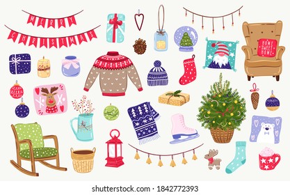 Hand drawn Christmas set. Colorful isolated elements on white background. Vector illustration.