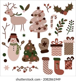 Hand drawn Christmas set for design cards, header, invitations. Cute vector clipart with xmas elements. Vector vintage illustration. Noel Christmas designs isolated on white