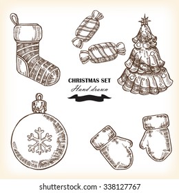 Hand drawn Christmas set. Christmas design element in sketch style. Vector illustration