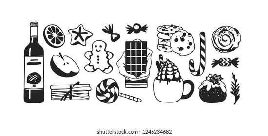 Hand drawn Christmas set of food: candy cane, pudding, gingerbread cookies, tea or coffee, latte, bun, chocolate, wine on white background. Creative Holidays ink art work. Actual vector doodle drawing