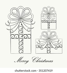 Hand drawn Christmas set of gifts for adult anti stress Coloring Page. Isolated on white background. Vector monochrome sketch. Eps 8.