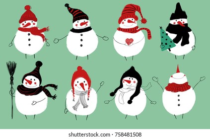 Hand drawn Christmas set of isolated cute snowmans in warm hats and scarfs.