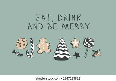 Hand drawn Christmas set on green background. Creative Holidays ink art work. Actual vector doodle drawing