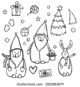 Dibujaron el set de Navidad con Papá Noel y el árbol de Navidad. Ilustración de esbozo del vector.
