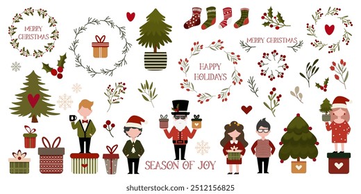 Hand drawn Christmas set stickers. Santa Claus, Christmas tree, gifts, leaves, berries, hearts, wreath, girl, boy, snowflakes, socs cartoon style. Characters and elements for graphic and web design