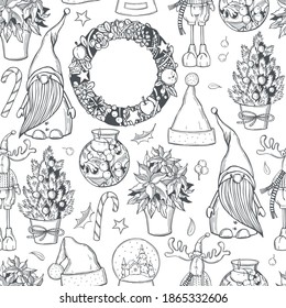 Hand drawn Christmas set. Vector seamless pattern.  
