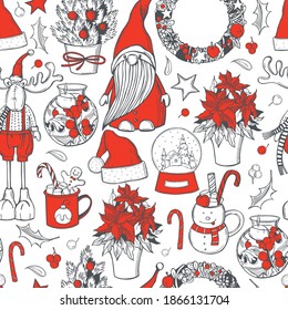 Hand drawn Christmas set. Vector seamless pattern  
