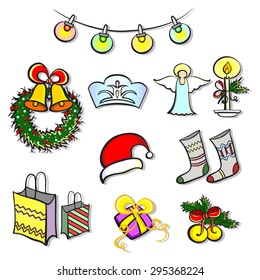 Hand drawn christmas set. Vector illustration on the white background