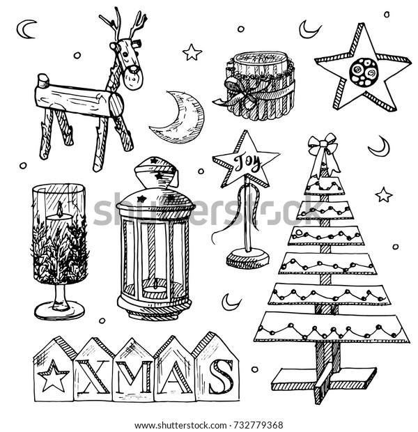 Hand Drawn Christmas Set Winter Decoration Stock Vector Royalty Free 732779368