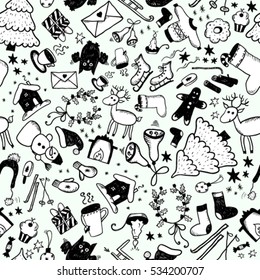 Hand drawn christmas sketch seamless. Black and white vector version.