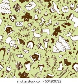 Hand drawn christmas sketch seamless. Colorful vector version.