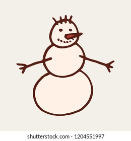 Hand drawn Christmas smiling snowman doodle design element. Winter holidays greeting card item isolated over white background. Vector illustration.