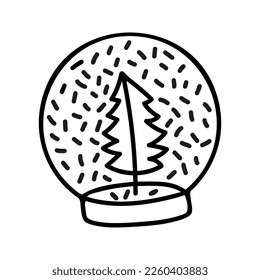 Hand drawn Christmas  snow globe with fir tree. Doodle vector illustration