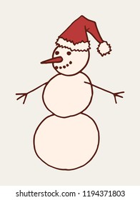 Hand drawn Christmas snowman in a Santa hat. Doodle design element. Winter holidays greeting card item isolated over white background. Vector illustration.