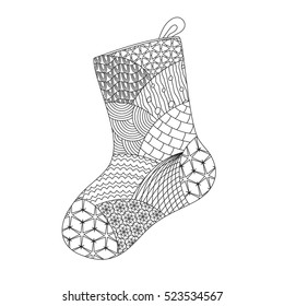 Hand drawn Christmas sock or boot with doodle decorative stars. Black and white pattern for coloring book, holiday greeting cards, print or wrapping paper. Vector illustration.