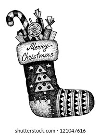 Hand drawn Christmas sock with gifts