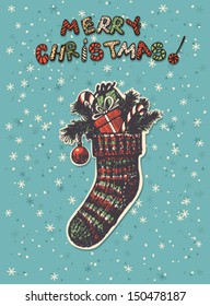 Hand drawn Christmas sock with gifts, fir branches and candy canes