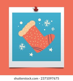 Hand drawn Christmas sock in photo frame. Christmas vector card illustration
