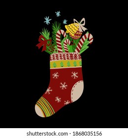 Hand drawn Christmas sock with sweets and holiday decorations isolated on black. New Year vector illustration of the holiday gift.