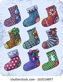 Hand drawn christmas socks set.