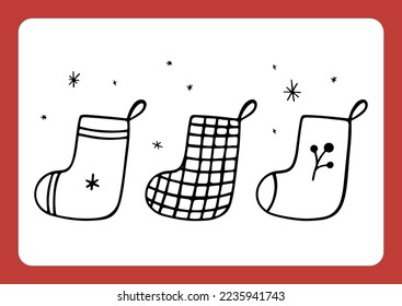 Hand drawn Christmas socks with snowflakes isolated on white. Festive linear elements. Winter illustration. Holiday vector design for prints and posters. New Year celebration concept