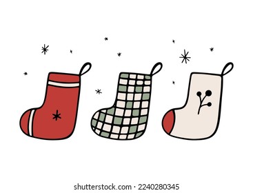 Hand drawn Christmas socks with snowflakes isolated on white. Festive colorful elements. Winter illustration. Holiday vector design for prints and posters. New Year celebration concept