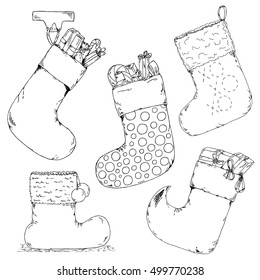 Hand drawn christmas socks vector sketch. Christmas socks isolated on white background. Inky holidays socks with presents. Santa`s socks and boots vector set.