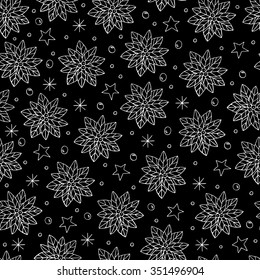 Hand drawn Christmas Star (Poinsettia),snowflakes and stars.Vector seamless pattern.