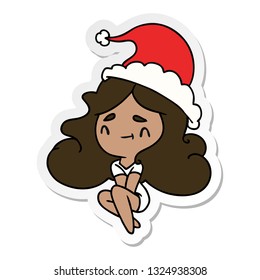 hand drawn christmas sticker cartoon of kawaii girl