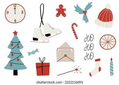 Hand drawn Christmas stickers. Cartoon skates and an envelope. Cute vector Christmas tree and hat, clock, candle, candy and gift. Holiday winter design.