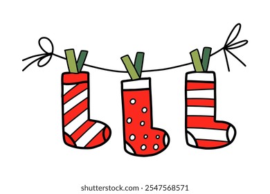 Hand drawn Christmas stocking illustration. Christmas socks for gifts on the fireplace. Christmas decorations. Vector illustration isolated on a white background.