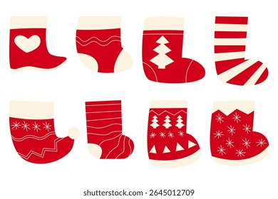 ilustração de estoque de Natal desenhada à mão. Meias de Natal diferentes para presentes na lareira. Decorações de Natal. Ilustração vetorial isolada em um fundo branco.