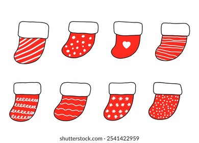 Hand drawn Christmas stocking set. Christmas socks for gifts on the fireplace. Christmas decorations. Vector illustration isolated on a white background.