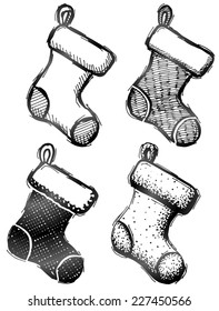 Hand drawn Christmas stocking. Sketch of decorative socks in doodle style. Qualitative vector (EPS-10) illustration for Christmas, new year's day, winter holiday, decoration, Silvester, clothing, etc