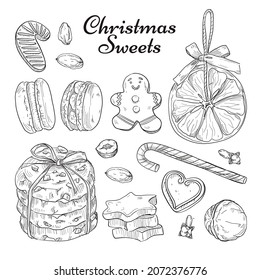 Hand drawn Christmas sweets, tasty collection of holiday food and spices