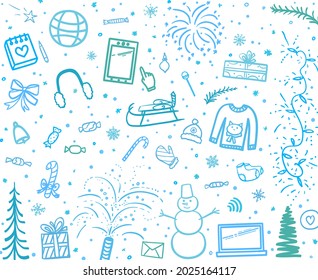 Hand drawn christmas symbols. Freehand background. Sketchy xmas banner with holiday elements. Winter holidays. Colored illustration