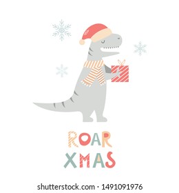 Hand drawn Christmas T rex with gift. Vector cartoon illustration. Holiday greeting card, print