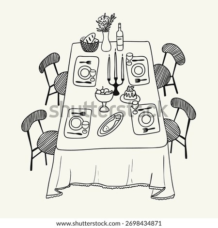 Hand drawn Christmas table arrangement. Vector illustration of outline festive table setting. Holiday table with tablecloth, candles, wine and flowers.