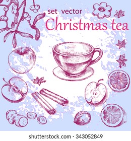 Hand drawn Christmas tea set. Vintage style. 
Restaurant menu, invitation or announcement. Grange background.